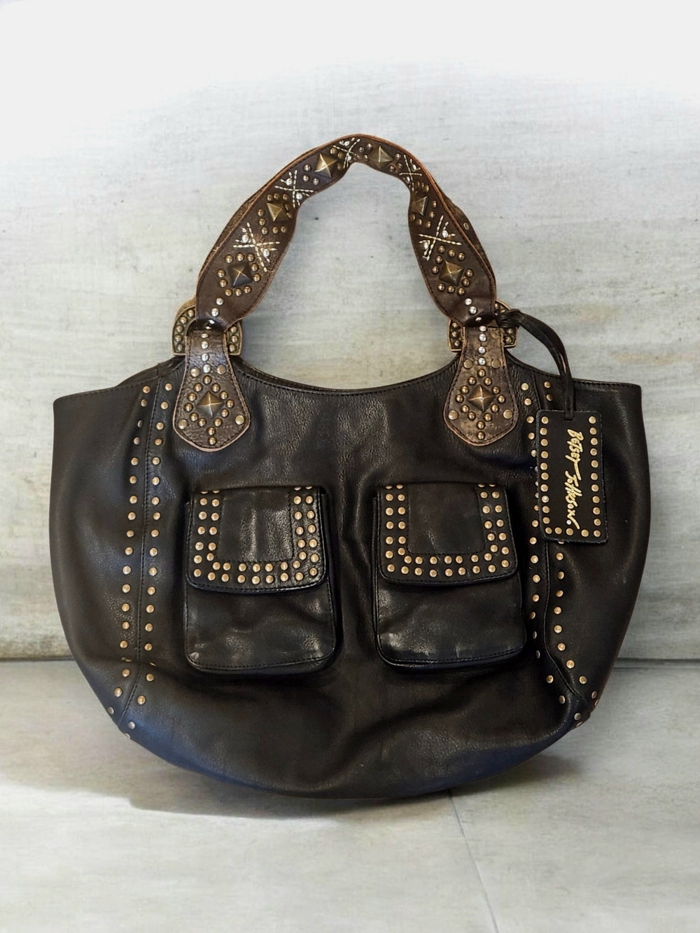 Vtg Betsey Johnson Soft Black Leather Brass Studded Hobo Y2K Shoulder Bag Rare